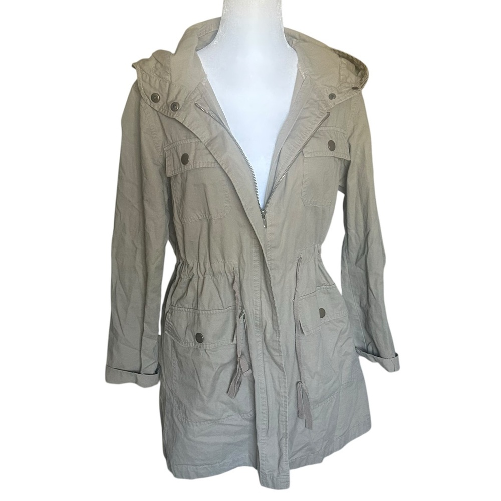 Active USA Tan Khaki Hooded Full Zip Utility Jacket Size Small